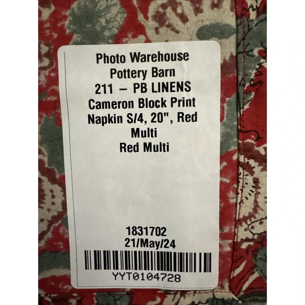 Pottery Barn Cameron Block Print Cotton Napkins Set of 4 Red Multicolor NWT